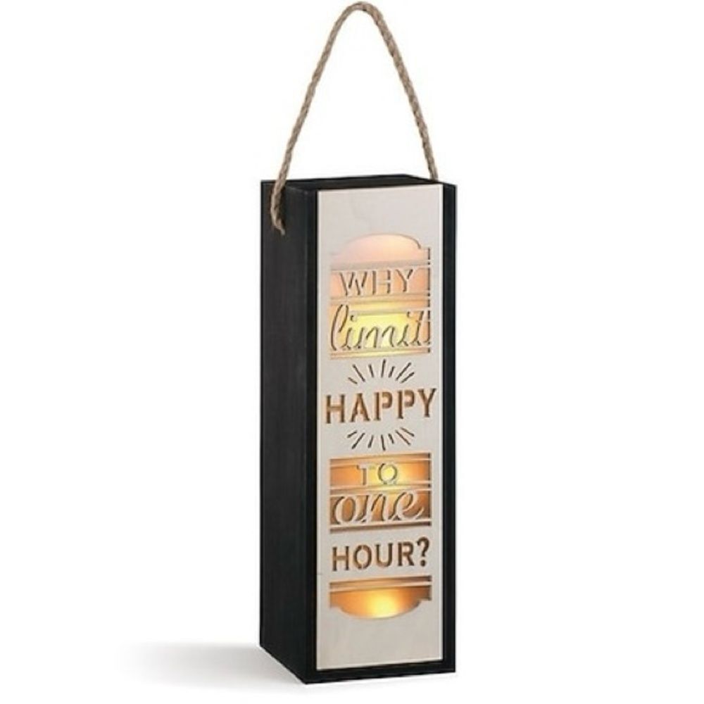 NWT Black and Cream Lighted Wine Box Rope Handle “Why Limit Happy To One Hour?“